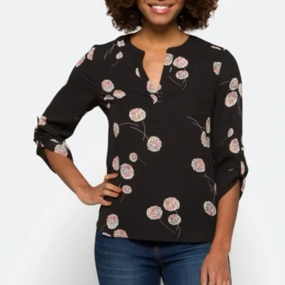 Daniel Rainn | Black/Pink Floral Chiffon 3/4 Tab Sleeve Blouse Size S